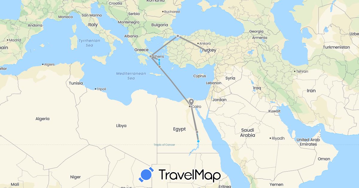 TravelMap itinerary: driving, plane, boat in Egypt, Greece, Turkey (Africa, Asia, Europe)